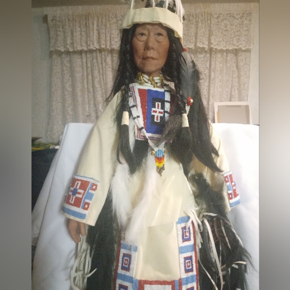 American Indian Porcelain Doll  Bead Work Throughout. Leather, Feathers